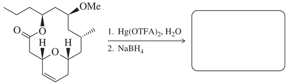 Chemical structure illustrating oxymercuration-reduction with reagents and a reaction arrow leading to an empty product box.