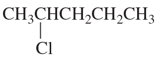 Structural formula of an alkyl halide with a chlorine atom attached, indicating an E2 reaction mechanism.