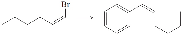 Synthesis diagram showing a brominated alkene converting to a biphenyl product via a Suzuki reaction.