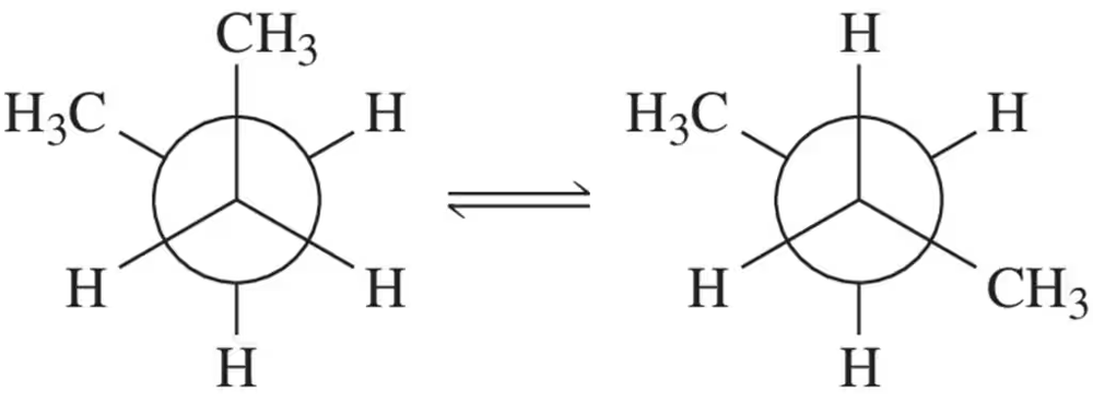 Structural representation of a chemical equilibrium with two cyclic compounds, showing hydrogen and methyl groups.