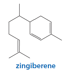 Chemical structure of zingiberene, highlighting its double bonds for reactivity in electrophilic addition reactions.