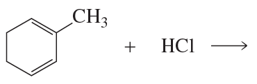 Chemical reaction showing a benzene ring with a methyl group and HCl, indicating potential 1,2- and 1,4-addition products.
