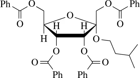 Chemical structure of acylated monosaccharides with phenyl groups and hydroxyl functional groups.