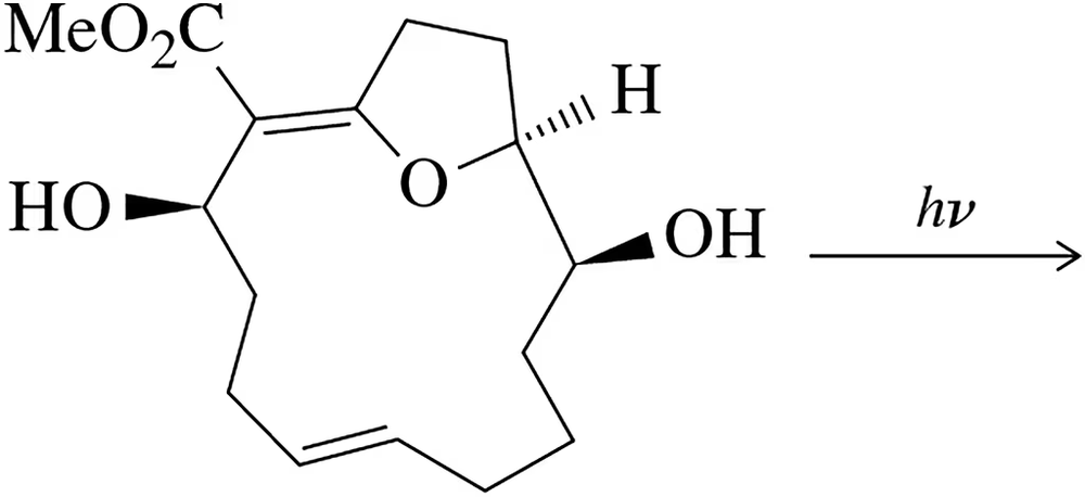 Chemical structure illustrating a [2 + 2] cyclization reaction with hydroxyl and methoxy groups, indicating photochemical conditions.