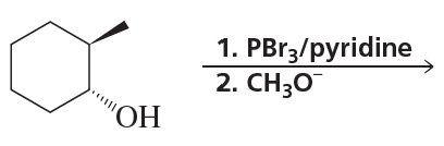 Chemical reaction diagram showing a substitution reaction with reagents PBri3/pyridine and CH3O-.