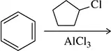 Benzene structure on the left, cyclopentane with a chlorine substituent on the right, with AlCl3 as a catalyst.