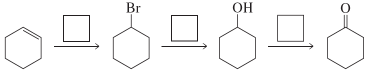 Diagram showing a series of chemical structures with arrows indicating reactions and boxes for reagents to be filled in.