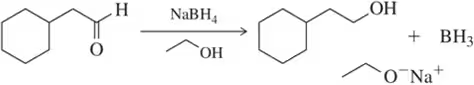 Cyclohexanone reduced to cyclohexanol using NaBH4 in ethanol, forming BH3 and sodium ethoxide byproducts.