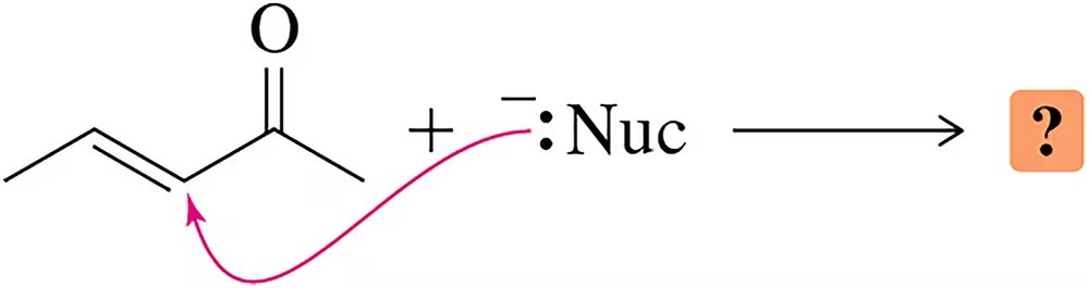 Nucleophile adds to carbonyl compound at C₃, arrow indicates reaction outcome query.