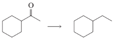 Chemical reaction diagram showing the transformation of a compound on the left to a different compound on the right.