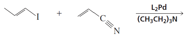 Chemical reaction diagram showing reactants with iodine and a nitrile, and a palladium catalyst for product formation.