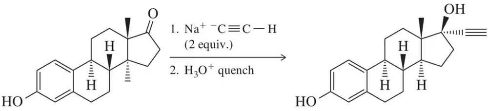 Synthesis mechanism diagram showing sodium acetylide reacting with estrone, followed by acid quenching to form ethinylestradiol.