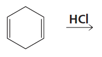 Benzene ring with HCl reagent indicating a reaction for conjugated hydrohalogenation.
