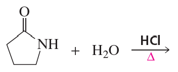 Chemical reaction diagram showing a cyclic compound with NH and O reacting with water and HCl, indicating nucleophilic acyl substitution.