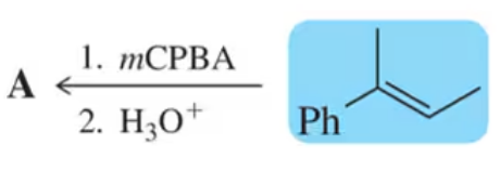 Reaction scheme showing epoxidation with mCPBA and H3O+, indicating product stereochemistry and phenyl group.