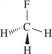 Molecular structure diagram showing a carbon atom bonded to three hydrogen atoms and one fluorine atom, illustrating hybridization.