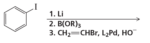 Chemical reaction diagram showing a benzene ring with iodine and three reagents for the Suzuki reaction.