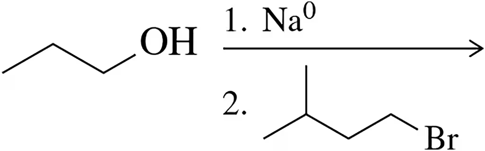 Chemical reaction diagram showing an alcohol reacting with sodium and a bromide to form an ether product.