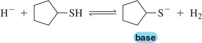 Chemical reaction diagram showing H⁻ and SH forming S⁻ and H₂, with "base" labeled on the molecule.