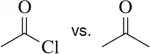 Comparison of two carbonyl compounds, one with a chlorine atom and one without, illustrating nucleophilic addition reactivity.