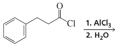 Chemical structure showing a benzene ring with an acyl chloride, labeled with reaction steps using AlCl3 and water.