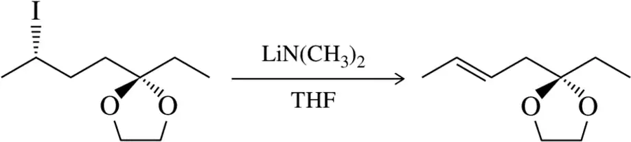 Chemical reaction diagram illustrating an E2 elimination mechanism with reactants and products labeled.