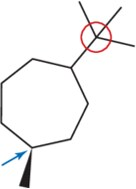 Line-angle drawing of a molecule with a circled carbon and an arrow indicating another carbon, highlighting structural features.