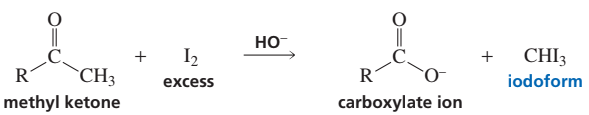 Chemical reaction diagram showing methyl ketone converting to carboxylate ion and iodoform with excess iodine and base.