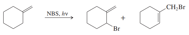 Chemical reaction diagram showing allylic bromination with NBS and light, yielding products with bromine.