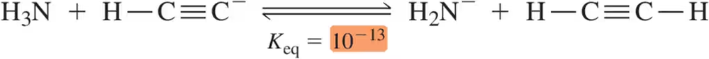 Chemical equation showing acid-base reaction with Keq value of 10^-13 highlighted for analysis of acid and base strength.