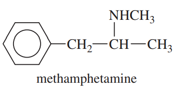 Chemical structure of methamphetamine, showing its molecular formula with a benzene ring and amine group.