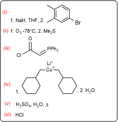 Stepwise reagents and structures for a multistep organic synthesis with numbered reaction conditions.
