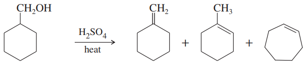 Chemical reaction diagram showing dehydration of an alcohol to form alkenes and alkynes with sulfuric acid and heat.