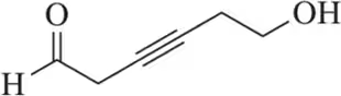 Chemical structure of 4-hydroxybut-2-ynal, featuring an aldehyde group and a terminal hydroxyl group.