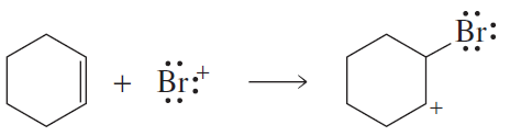 Curved arrows illustrate electron movement in a reaction between a benzene ring and a bromine ion.