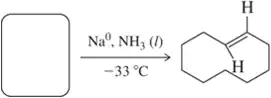 Chemical reaction diagram showing sodium and liquid ammonia converting a compound into a trans-alkene at -33°C.