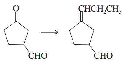 Chemical reaction diagram showing the conversion of an aldehyde to a ketone using the Wittig reaction.