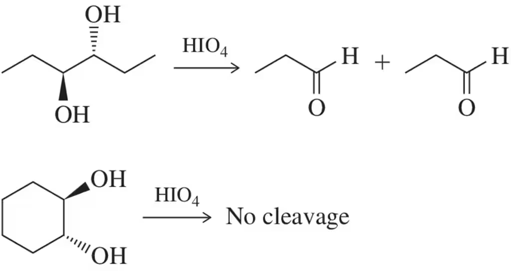Acyclic trans-diols cleaved by HIO₄ to aldehydes; cyclic trans-diols show no cleavage.