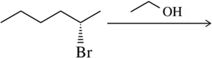 Chemical structures illustrating an elimination reaction with bromine and hydroxyl groups, indicating product formation.
