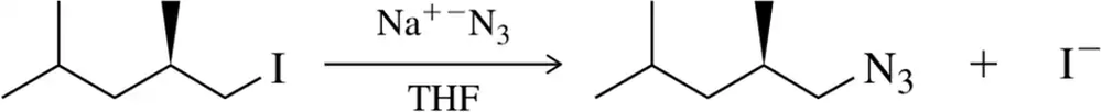 Chemical reaction diagram illustrating an SN2 reaction with sodium azide in THF, showing reactants and products.