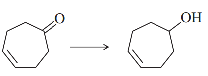 Chemical reaction showing the conversion of a cyclic compound with a carbonyl group to an alcohol.