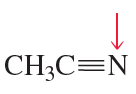 Chemical structure showing CH3C=N with a red arrow pointing down, indicating the atom for hybridization analysis.