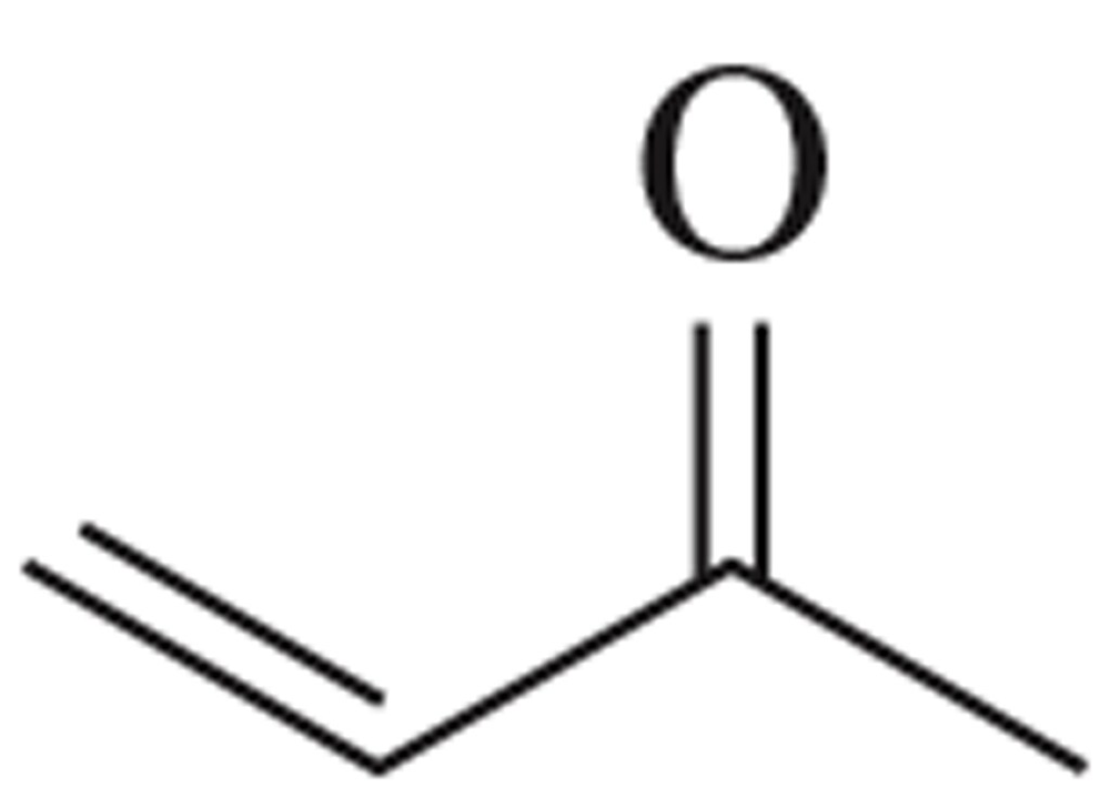 Molecular structure of but-3-en-2-one, showing carbon skeleton and functional groups.
