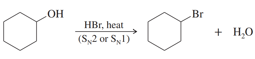 Chemical reaction showing conversion of an alcohol to a bromide using HBr and heat, producing water as a byproduct.