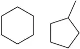 Two molecular structures: a hexagon representing cyclohexane and a pentagon with a branch indicating a constitutional isomer.