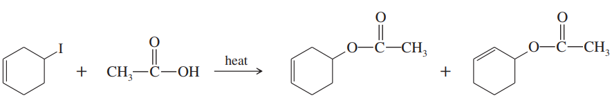 Chemical reaction diagram showing the SN1 mechanism with reactants and products, including hydride or alkyl shifts.