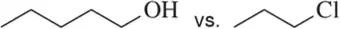 Chemical structures comparing solubility: one with an -OH group and the other with a -Cl group.