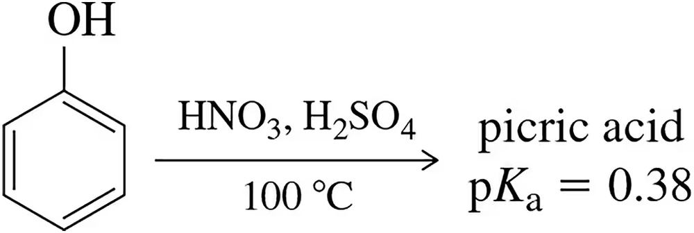Chemical reaction showing phenol reacting with nitric and sulfuric acids to produce picric acid, with pKa value of 0.38.