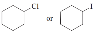 Two chemical structures of cyclohexane derivatives, one with a chlorine atom and the other with an iodine atom, labeled "or."