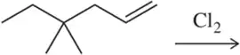 Chemical structure showing a diene reacting with chlorine, indicating the reaction direction with a product prediction arrow.